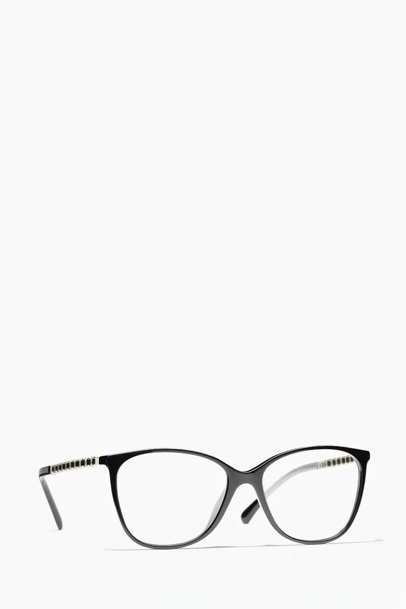 CHANEL Square Eyeglasses in Black/Transparent Metal x Calfskin 1