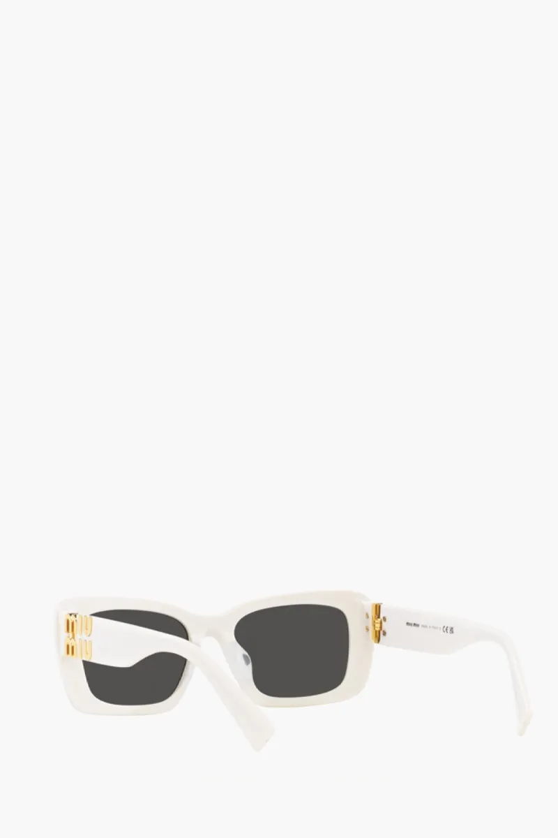 MIU MIU Rectangular Sunglasses in White/Grey Acetate with Gold-Tone Logo 2