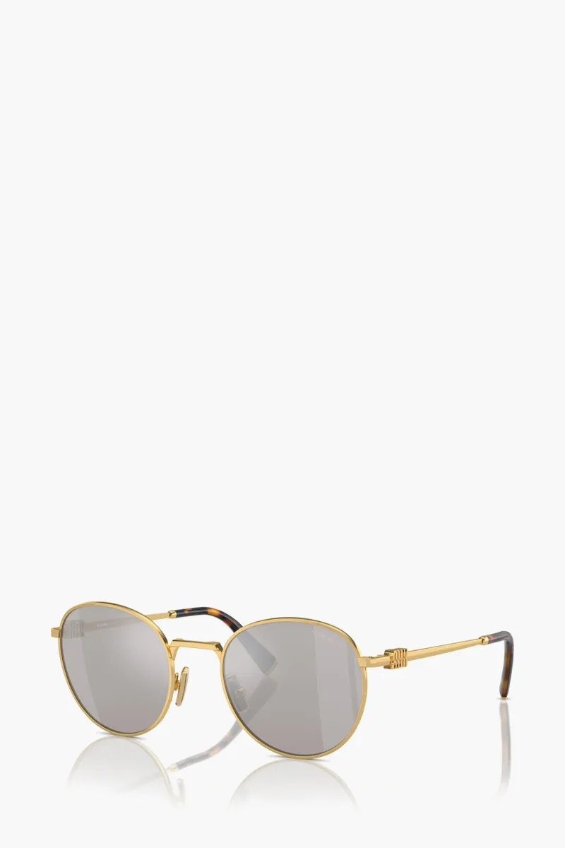 MIU MIU Round Sunglasses in Gold/Light Grey/Mirror Silver Metal with Logo 2