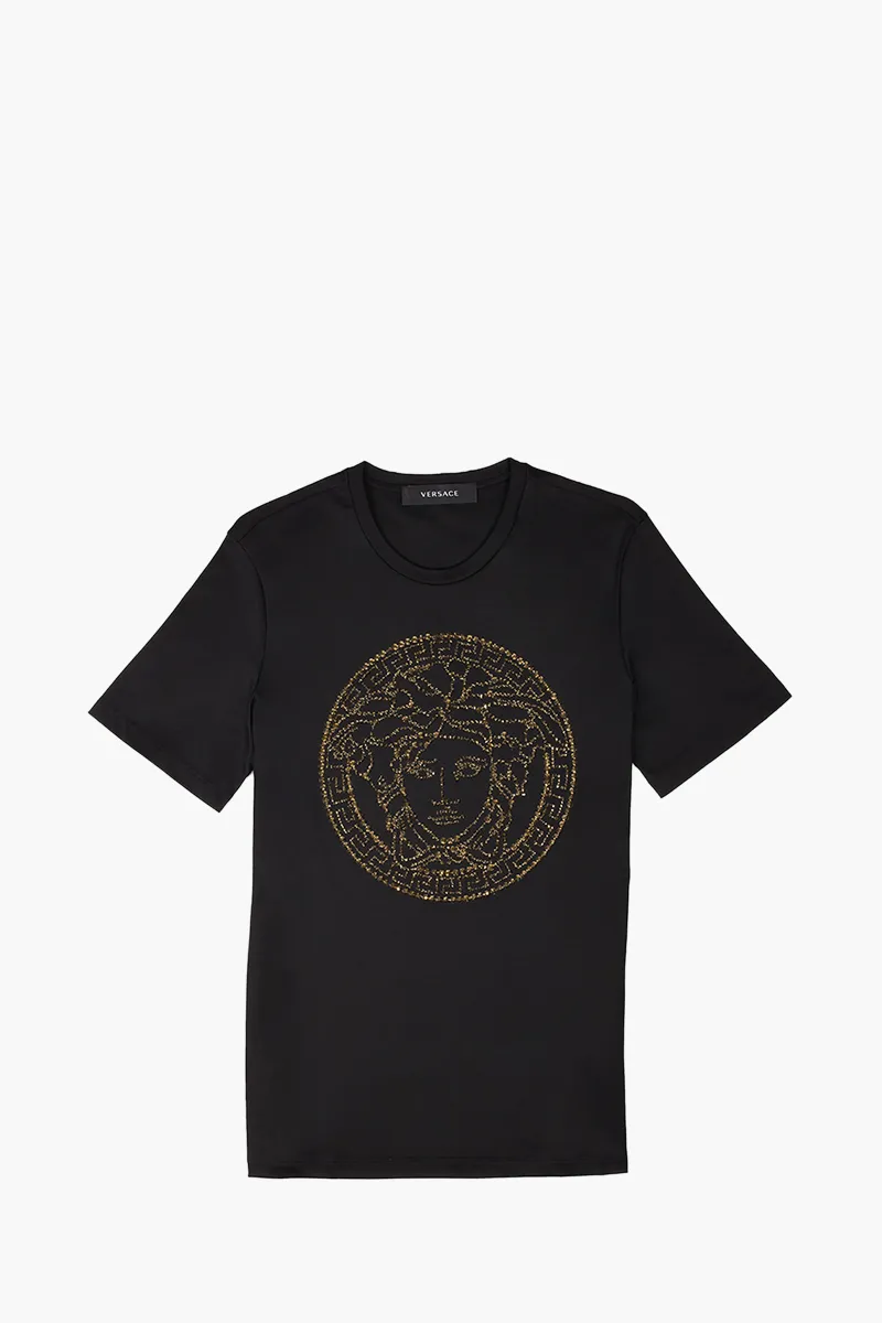 VERSACE Women Medusa Head Crystal-Embellished T-Shirt in Black/Gold 0