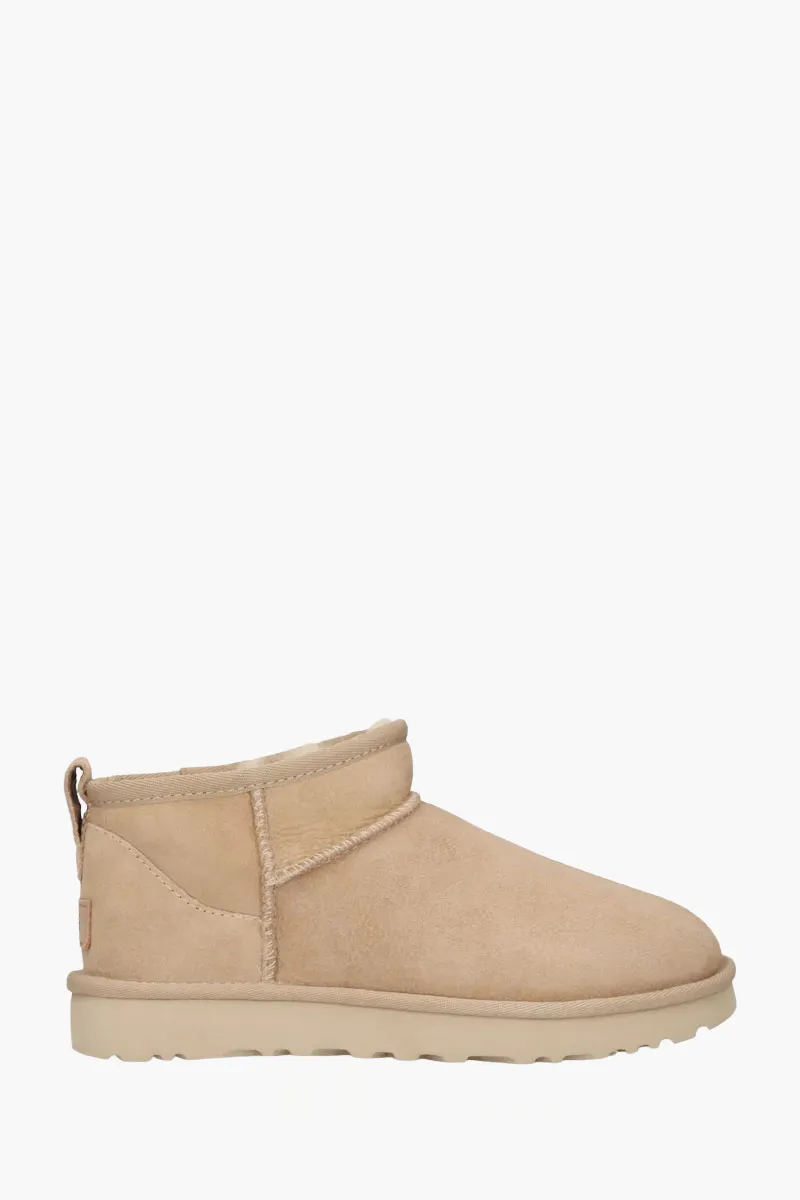 UGG Women Classic Ultra Mini Ankle Boots in Sand Suede with Logo 0