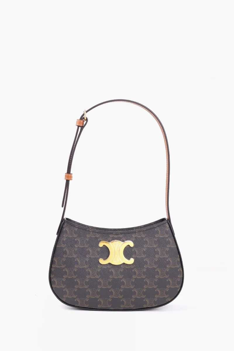 CELINE Medium Tilly Triomphe Shoulder Bag in Tan Canvas and Calfskin 0