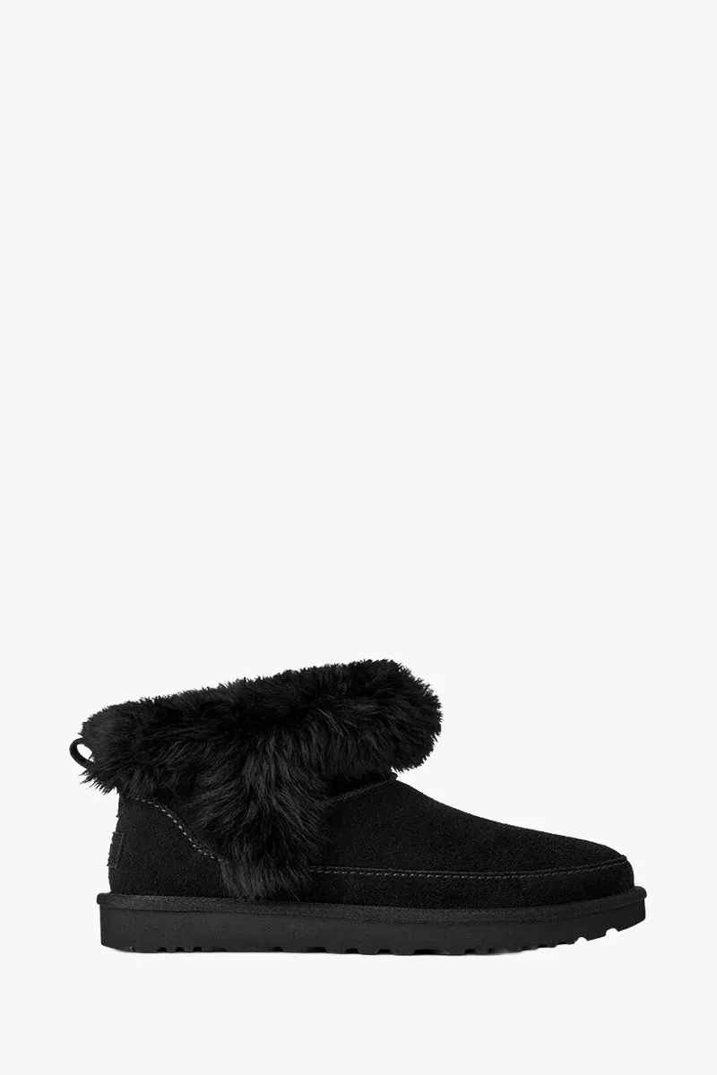 UGG Women Classic Ultra Mini Chalet Boots in Black Suede with Logo 0