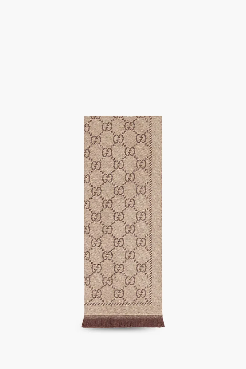 GUCCI GG Jacquard Knitted Scarf in Light Brown 0