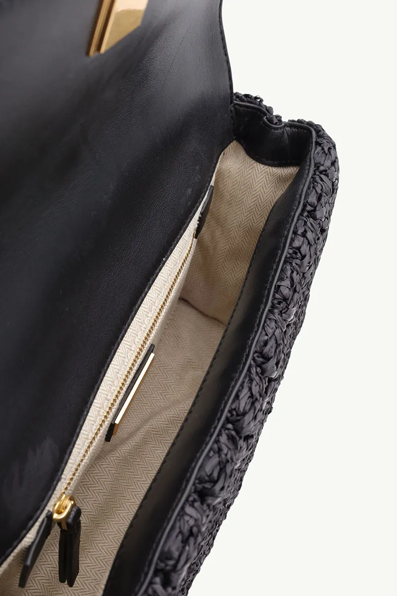 TORY BURCH Fleming Raffia Convertible Shoulder Bag in Black with Rolled Brass Hardware 3