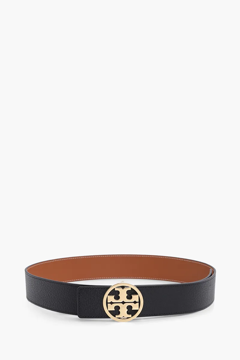 TORY BURCH 1.5" Miller Reversible Logo Belt in Black/New Cuoio GHW 0