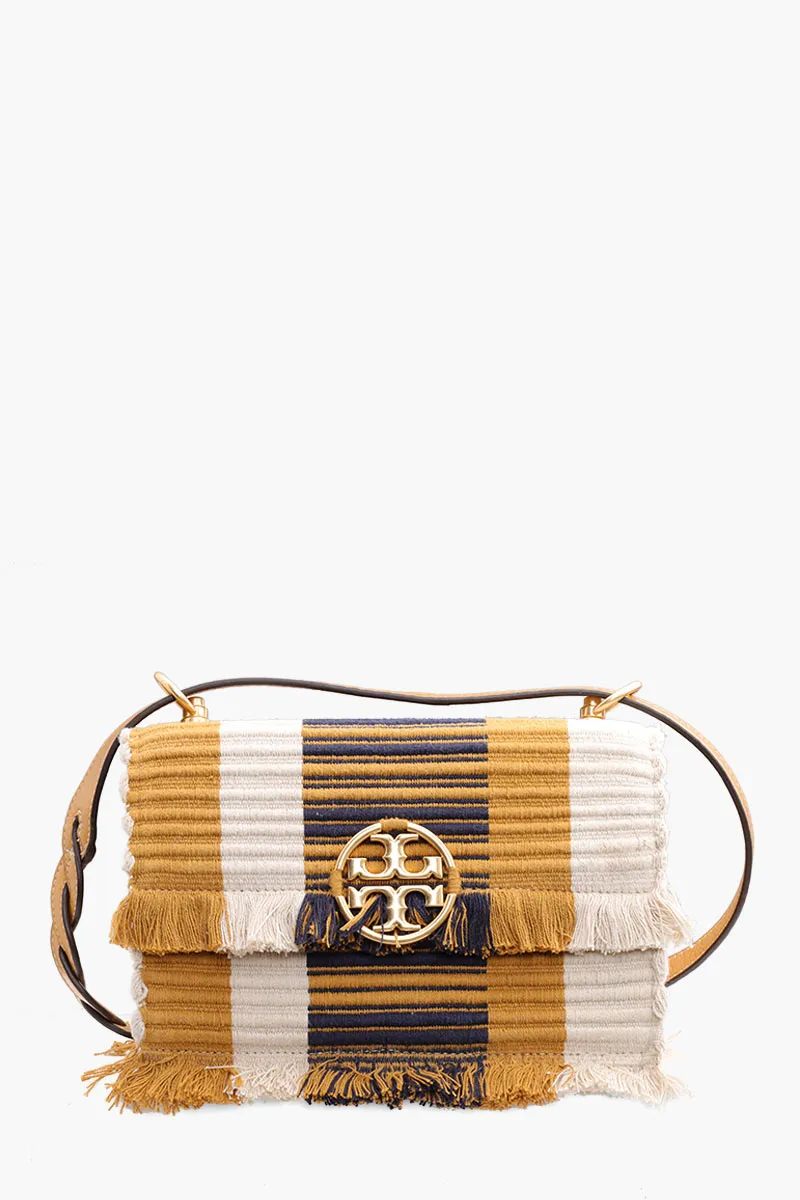 TORY BURCH Small Miller Woven Stripe Flap Shoulder Bag in Chutney/Natural Canvas 0