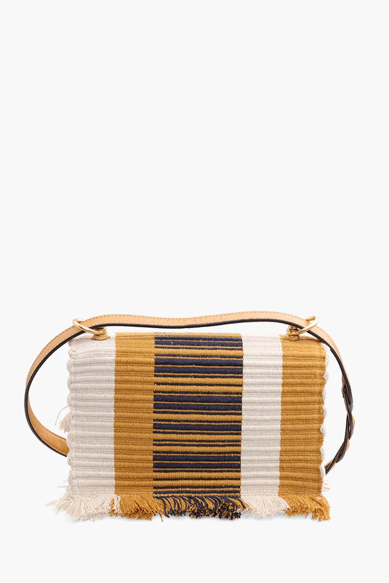 TORY BURCH Small Miller Woven Stripe Flap Shoulder Bag in Chutney/Natural Canvas 1