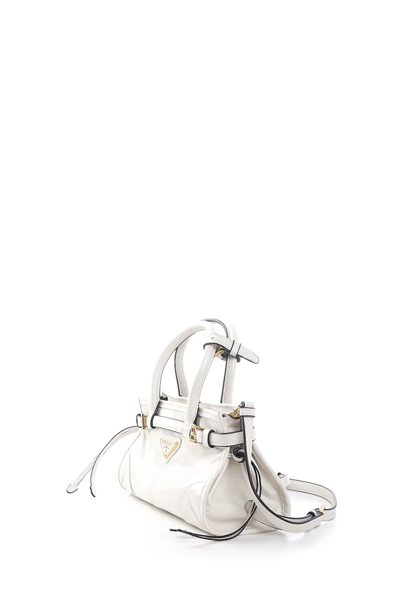 PRADA Mini Bonnie Handbag in White Calfskin with Detachable Shoulder Strap 1