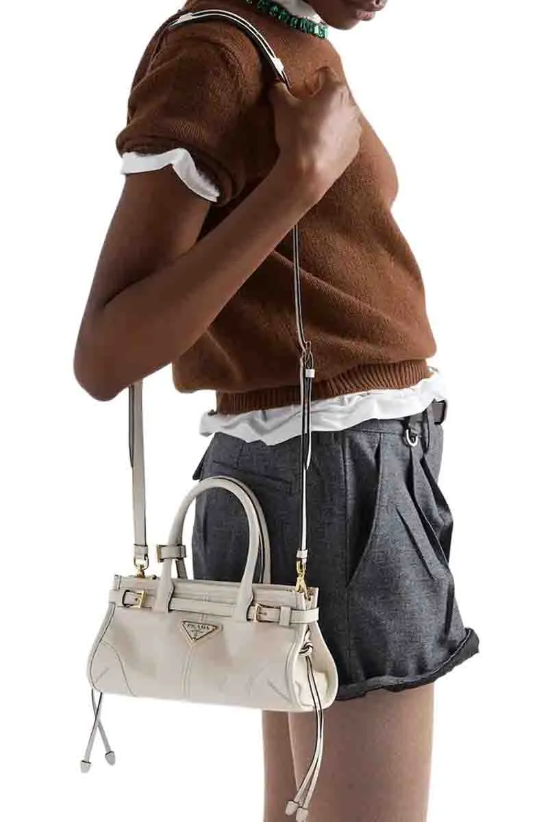 PRADA Mini Bonnie Handbag in White Calfskin with Detachable Shoulder Strap 3