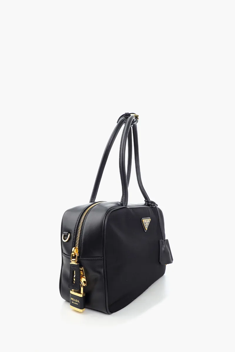 PRADA Medium Enameled Metal Triangle Top-Handle Bag in Black Re-Nylon x Leather with Padlock 1