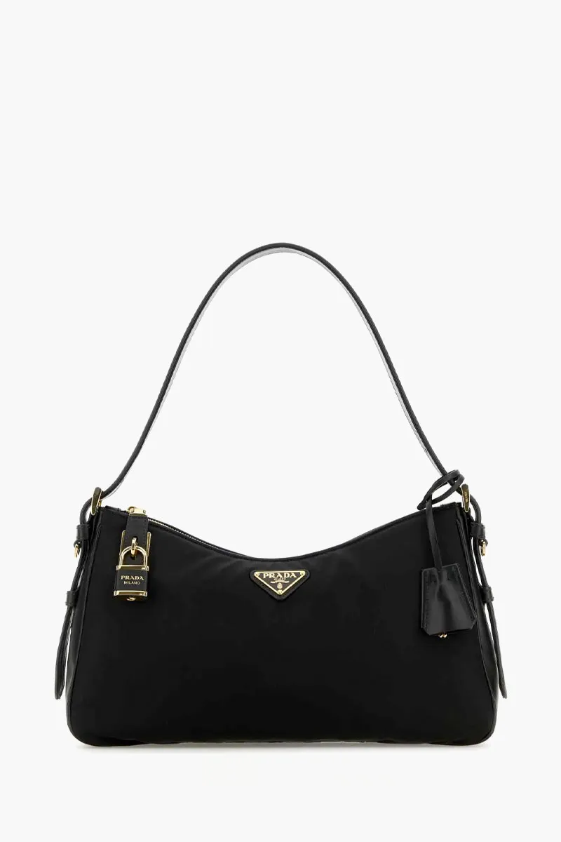 PRADA Large Aimée Shoulder Bag in Black Re-Nylon and Leather with Padlock 0