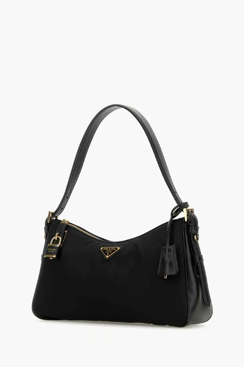 PRADA Large Aimée Shoulder Bag in Black Re-Nylon and Leather with Padlock 1