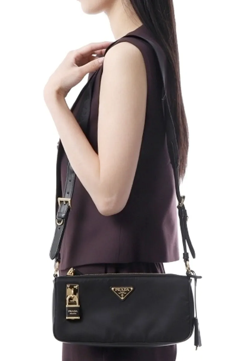 PRADA Large Aimée Shoulder Bag in Black Re-Nylon and Leather with Padlock 3