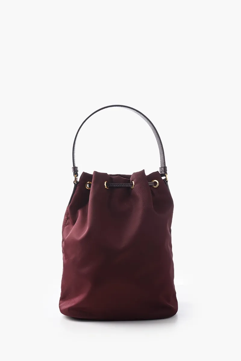 PRADA Duet Re-Nylon Enameled Triangle Logo Bucket Bag in Burgundy 2