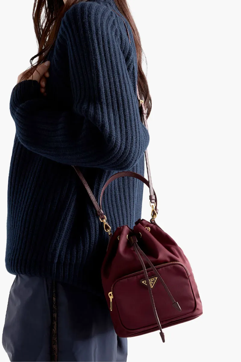 PRADA Duet Re-Nylon Enameled Triangle Logo Bucket Bag in Burgundy 3