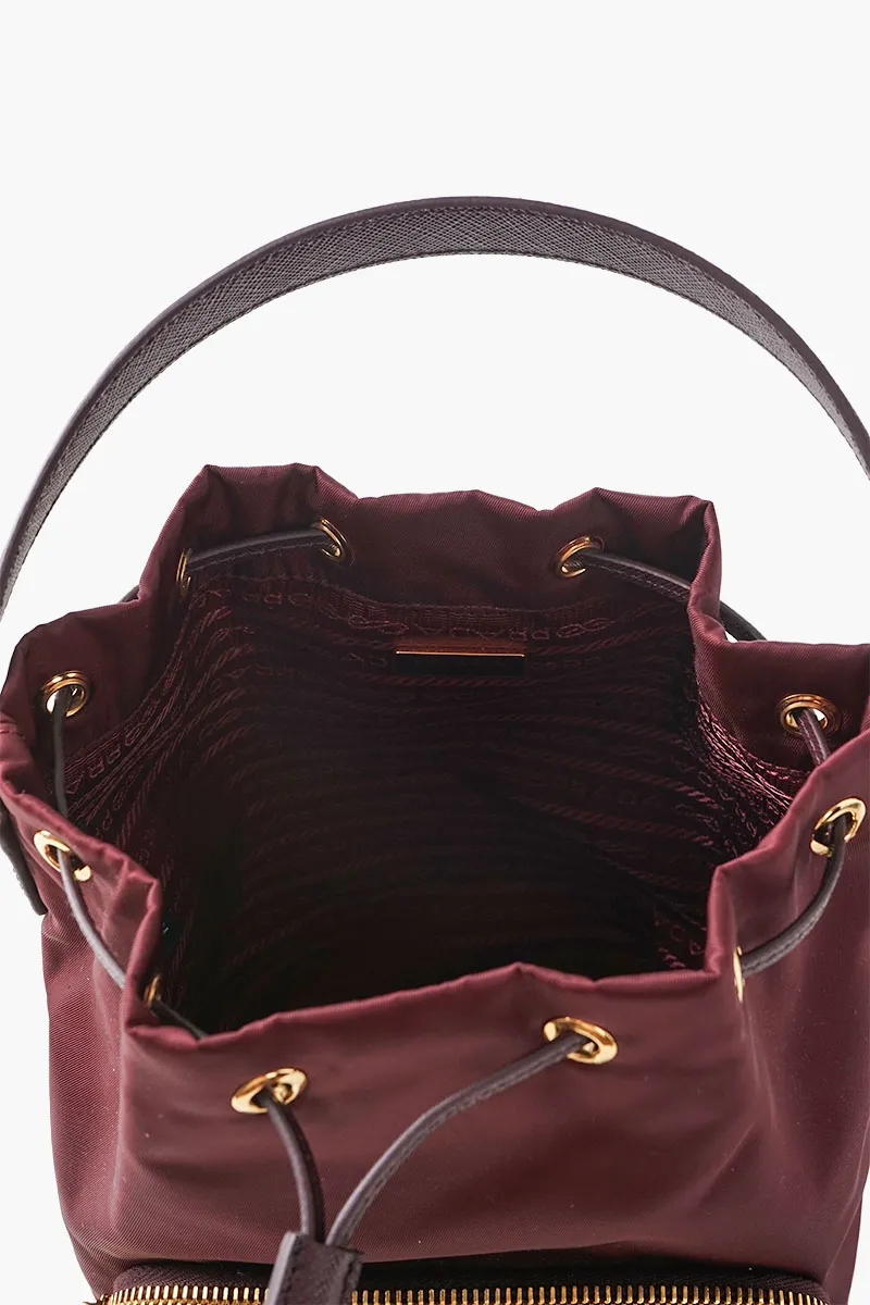PRADA Duet Re-Nylon Enameled Triangle Logo Bucket Bag in Burgundy 4