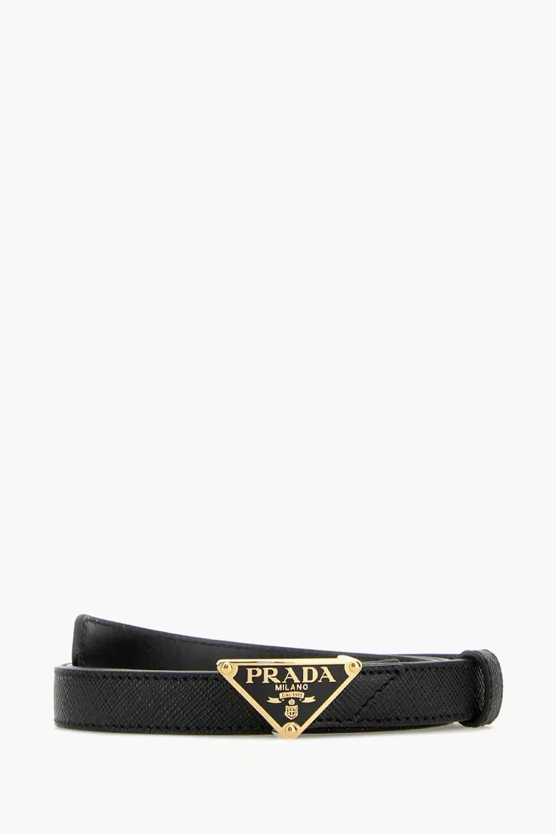 PRADA Triangle Logo Buckle 1.5cm Belt in Black GHW Saffiano Leather 0