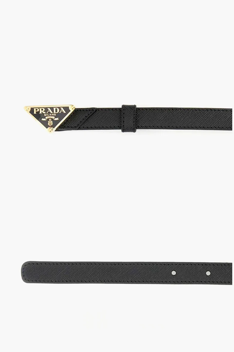PRADA Triangle Logo Buckle 1.5cm Belt in Black GHW Saffiano Leather 1