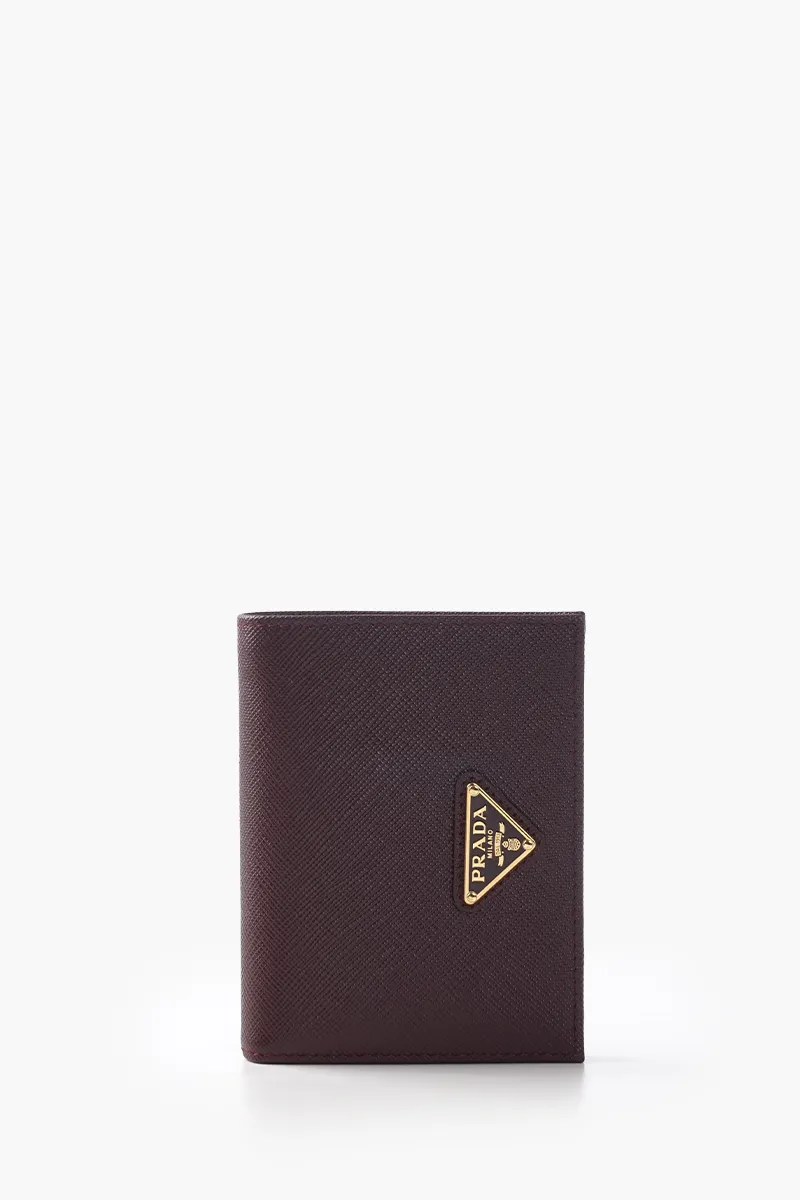 PRADA Small Triangle Logo Flap Wallet in Bordeaux Saffiano Leather 0