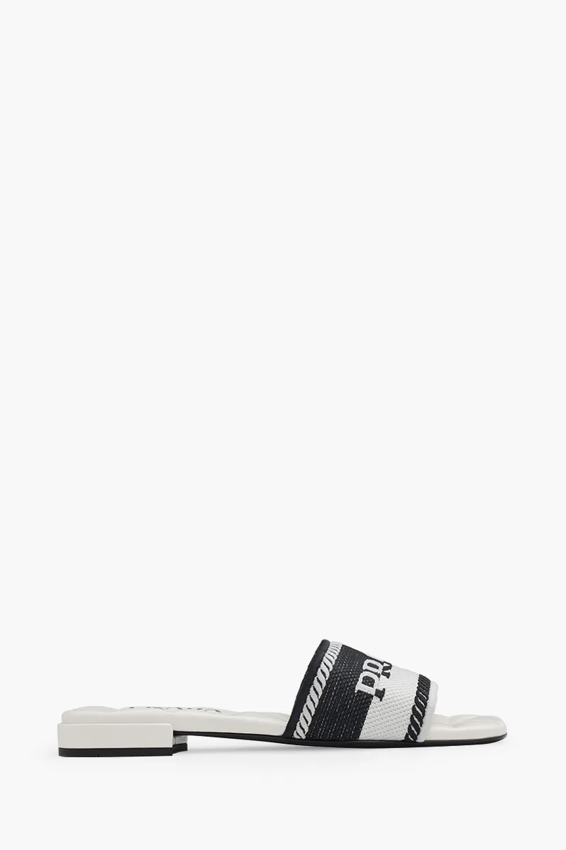 PRADA Women Embroidered Lettering Logo Slides in Black/Chalk White with Quilted Sole 0