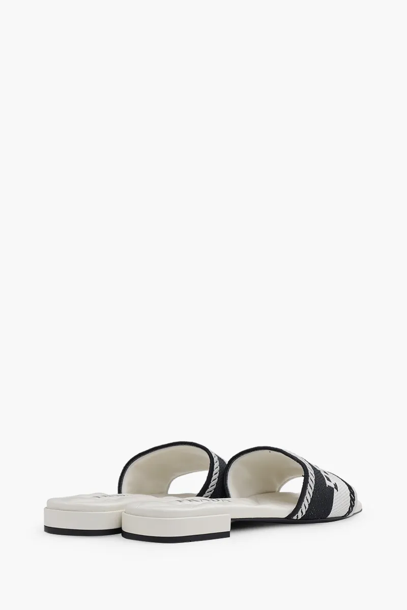 PRADA Women Embroidered Lettering Logo Slides in Black/Chalk White with Quilted Sole 2