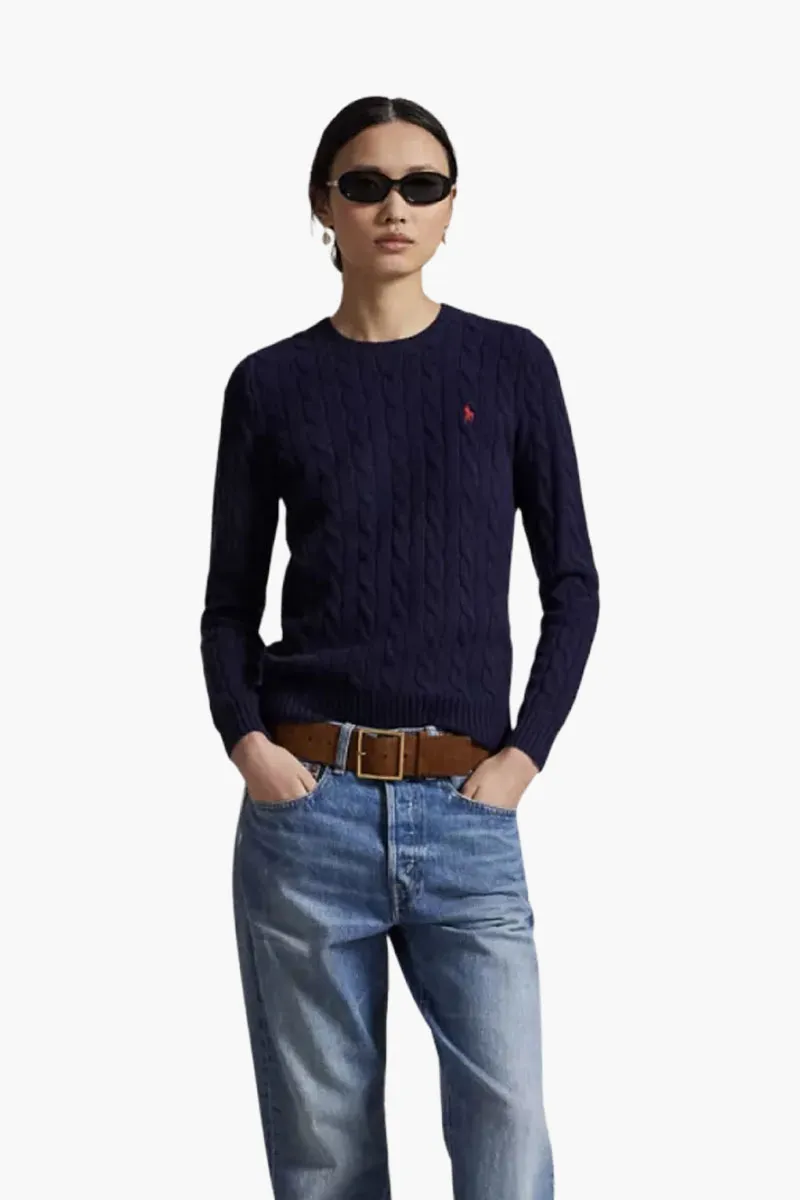 POLO RALPH LAUREN Women Logo Cable Knit Sweater in Navy Blue/Red Wool 1