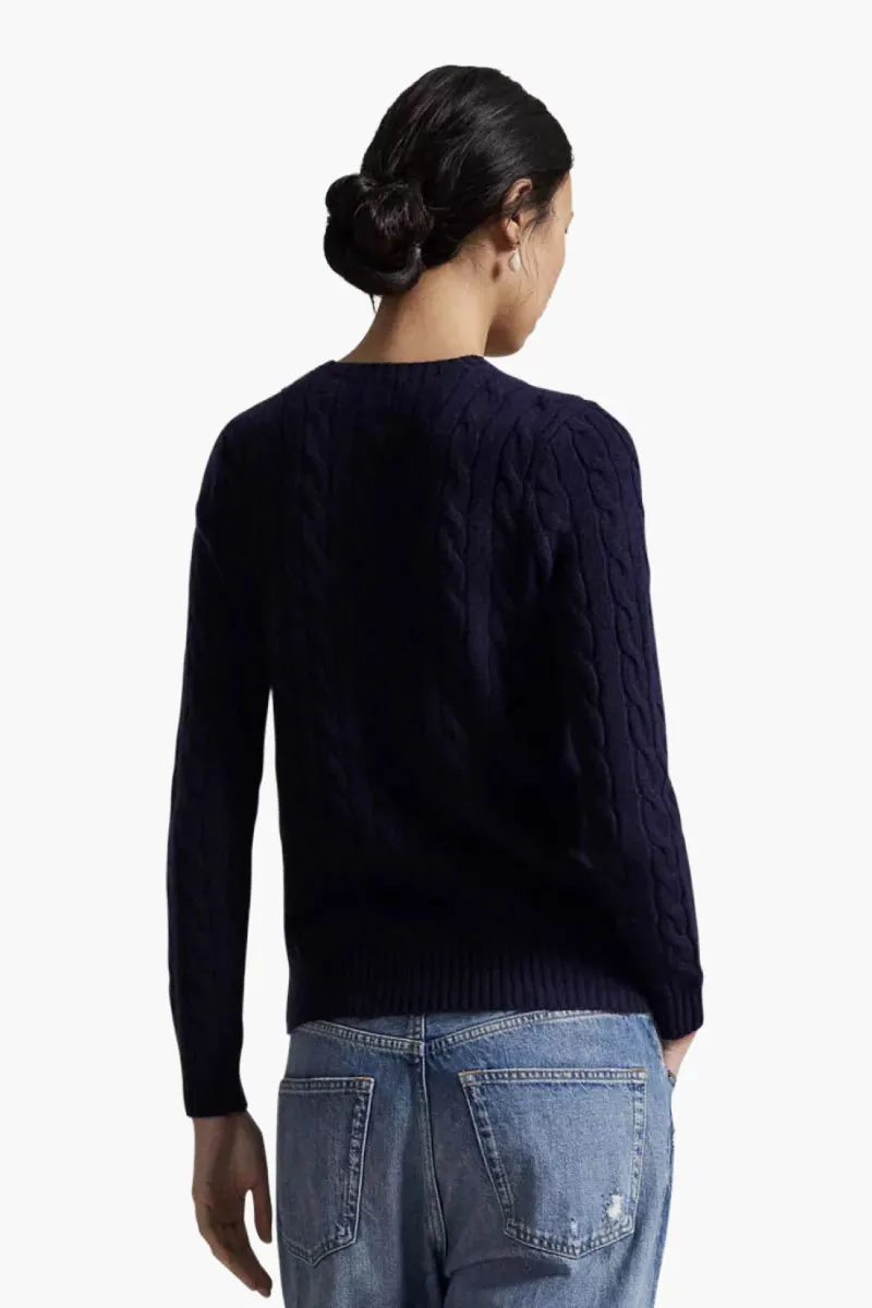 POLO RALPH LAUREN Women Logo Cable Knit Sweater in Navy Blue/Red Wool 2