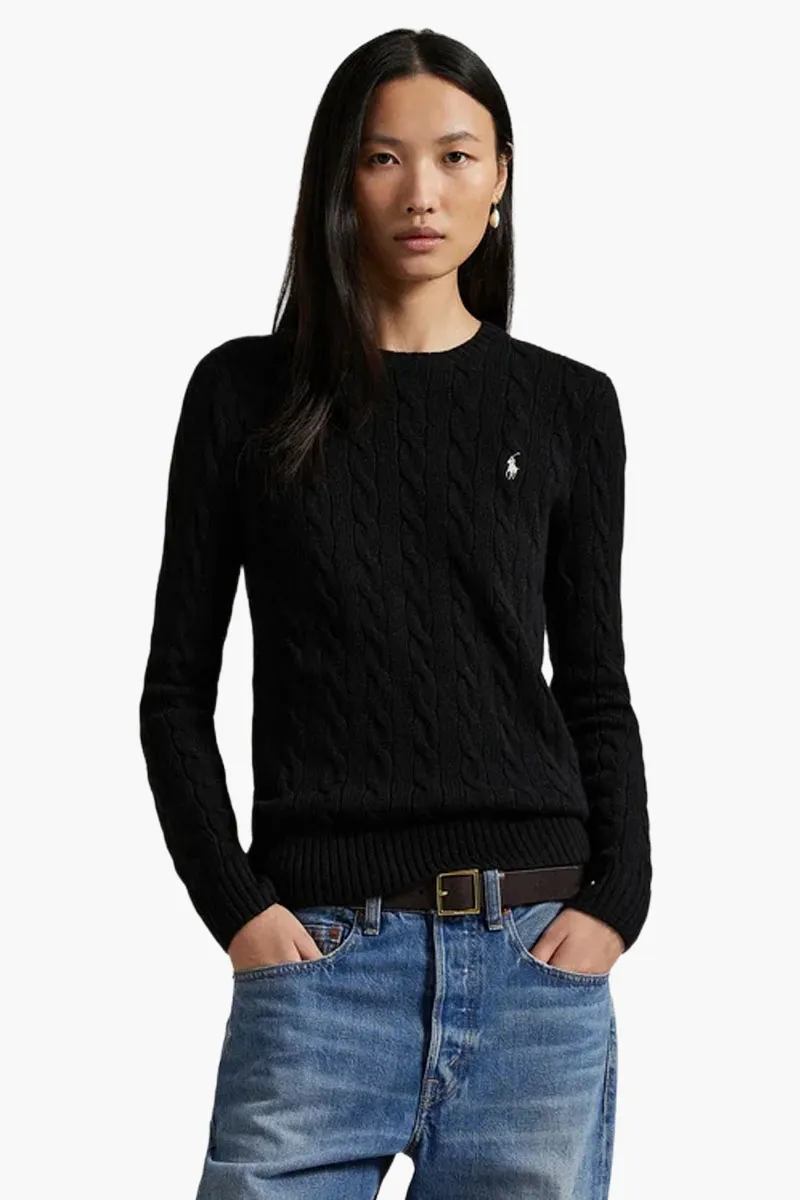 POLO RALPH LAUREN Women Logo Cable Knit Sweater in Black/White Wool 1
