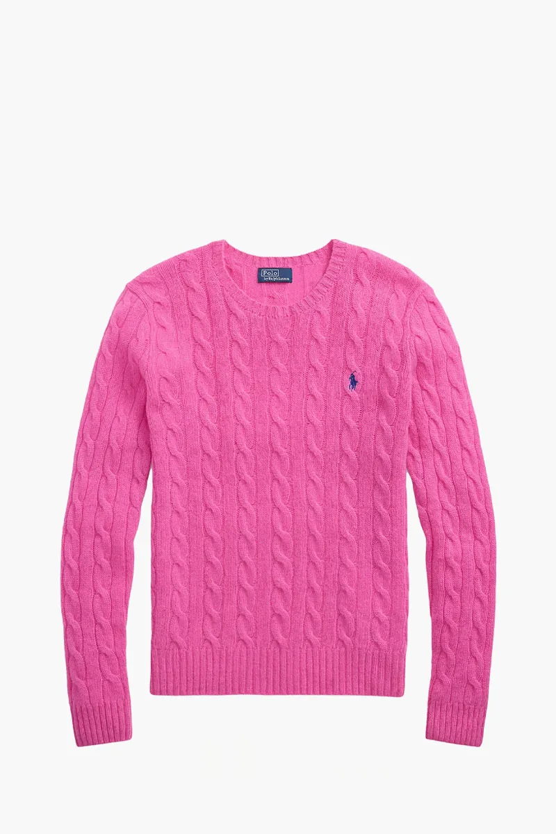 POLO RALPH LAUREN Women Logo Cable Knit Sweater in Pink/Navy Blue Wool 0