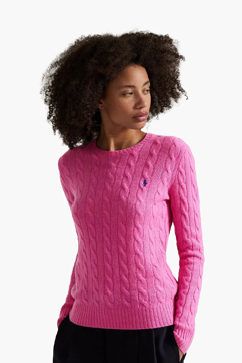 POLO RALPH LAUREN Women Logo Cable Knit Sweater in Pink/Navy Blue Wool 1