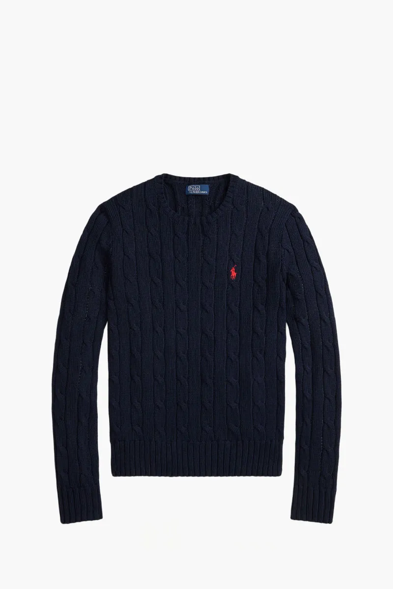 POLO RALPH LAUREN Women Embroidered Logo Crew Neck Sweater in Navy Blue Cable-Knit Cotton 0
