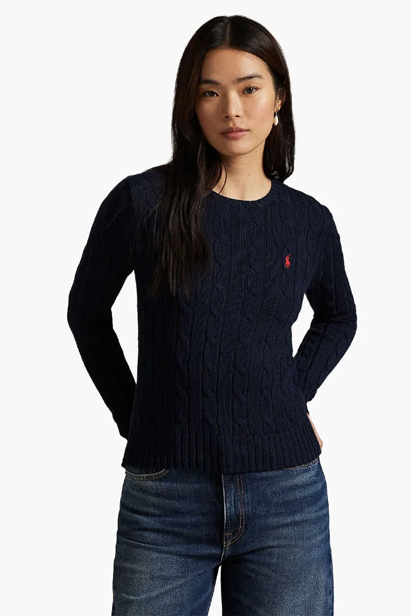 POLO RALPH LAUREN Women Embroidered Logo Crew Neck Sweater in Navy Blue Cable-Knit Cotton 1