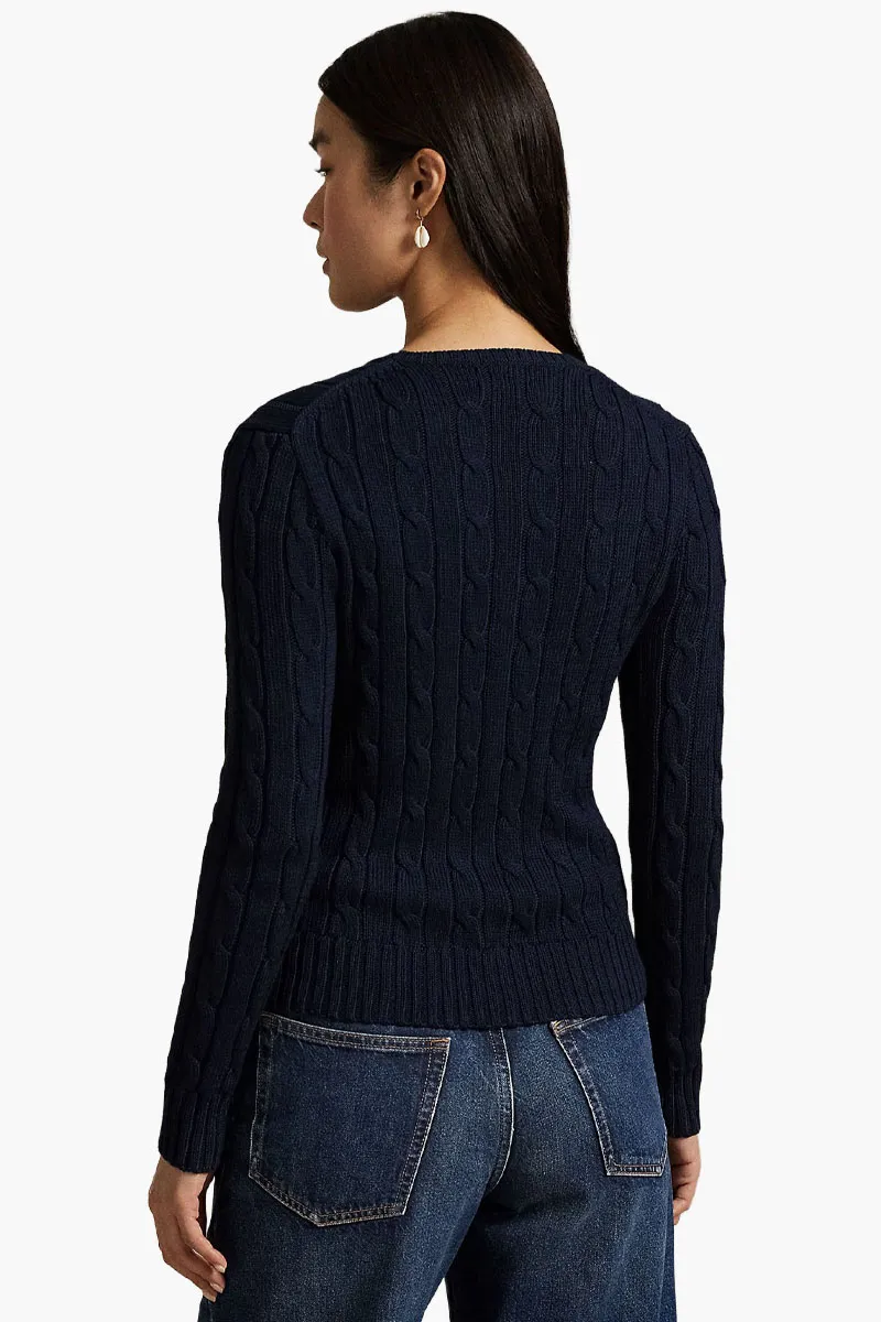POLO RALPH LAUREN Women Embroidered Logo Crew Neck Sweater in Navy Blue Cable-Knit Cotton 2