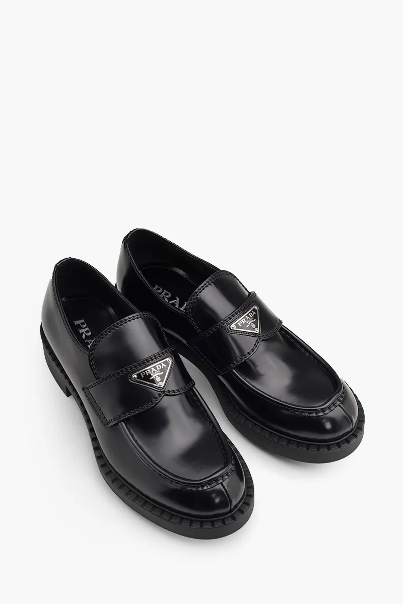 PRADA Men Classic Loafers 35mm in Black Brushed Leather with Triangle Logo 1