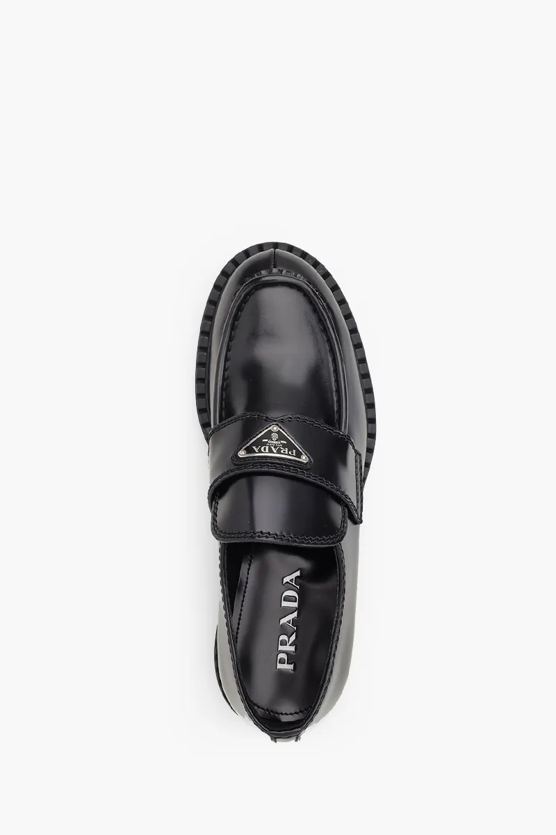 PRADA Men Classic Loafers 35mm in Black Brushed Leather with Triangle Logo 3