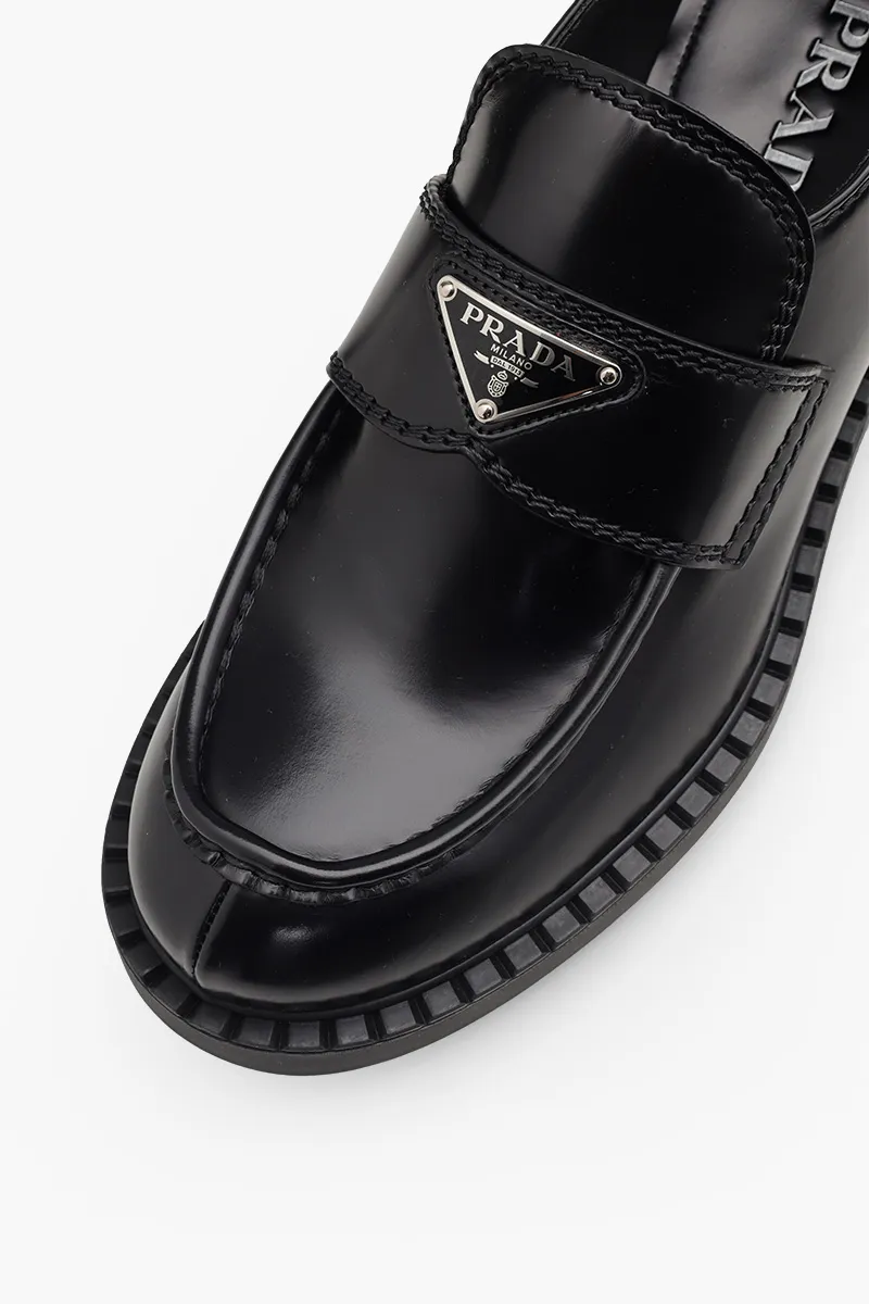 PRADA Men Classic Loafers 35mm in Black Brushed Leather with Triangle Logo 4