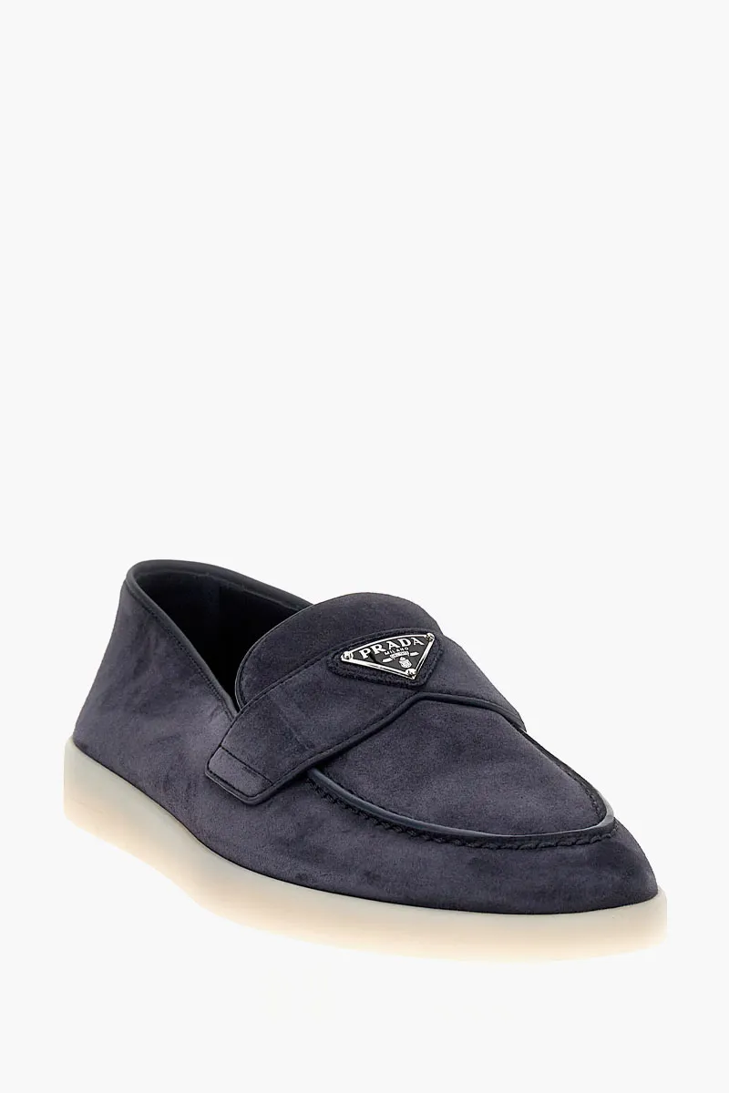 PRADA Men Round Toe Loafers in Navy Suede  2
