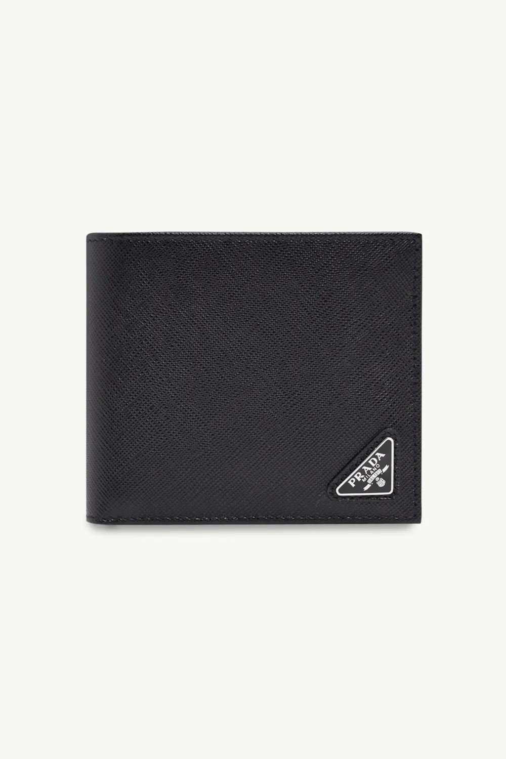 PRADA Men Bi-Fold Wallet in Black Saffiano Leather with Corner Triangle Logo 0