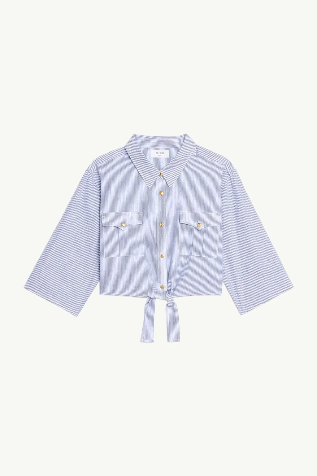 CELINE Women Knotted Crop Shirt in Blanc/Marine Linen x Cotton with T Sleeves 0