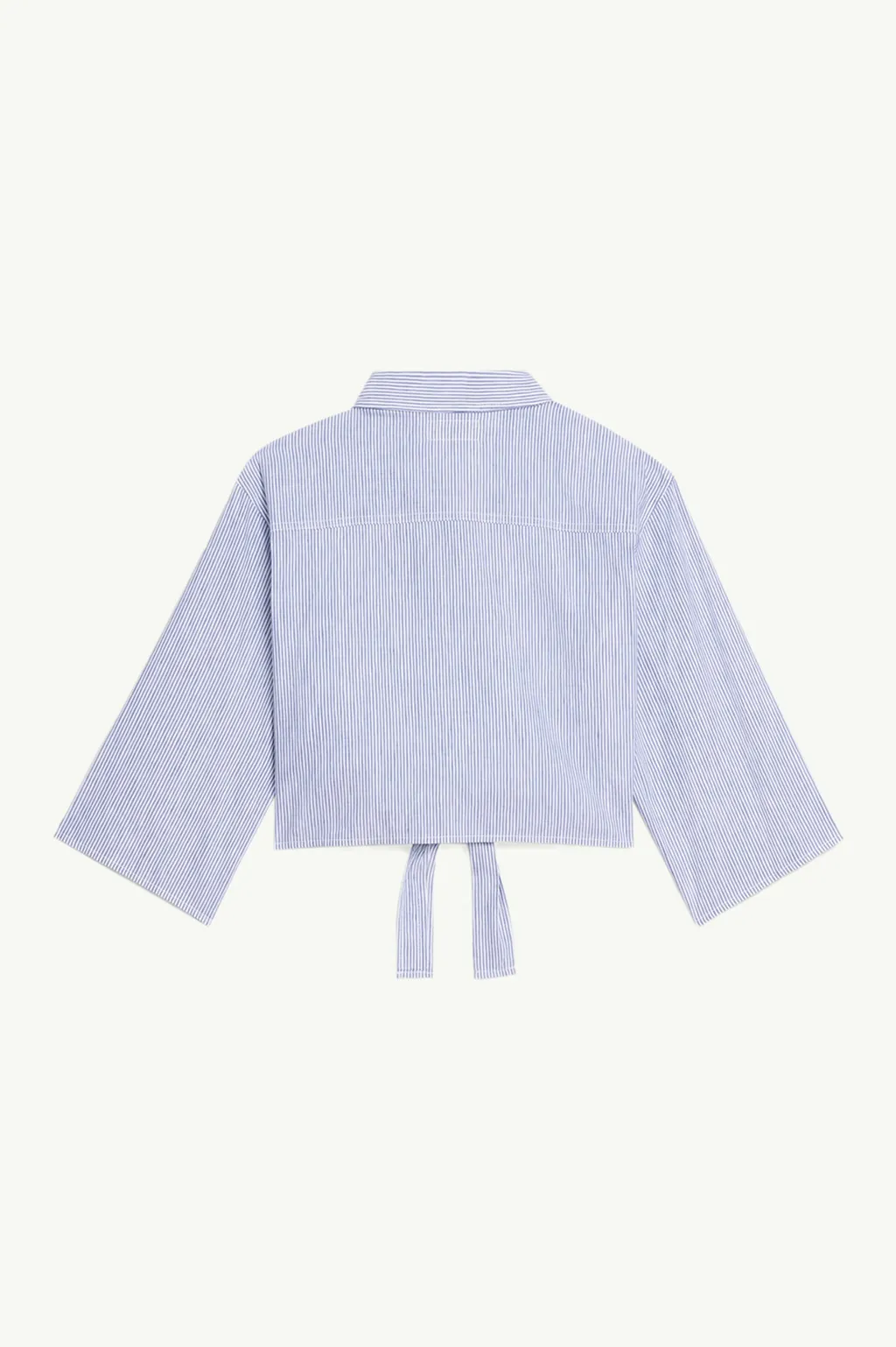 CELINE Women Knotted Crop Shirt in Blanc/Marine Linen x Cotton with T Sleeves 1