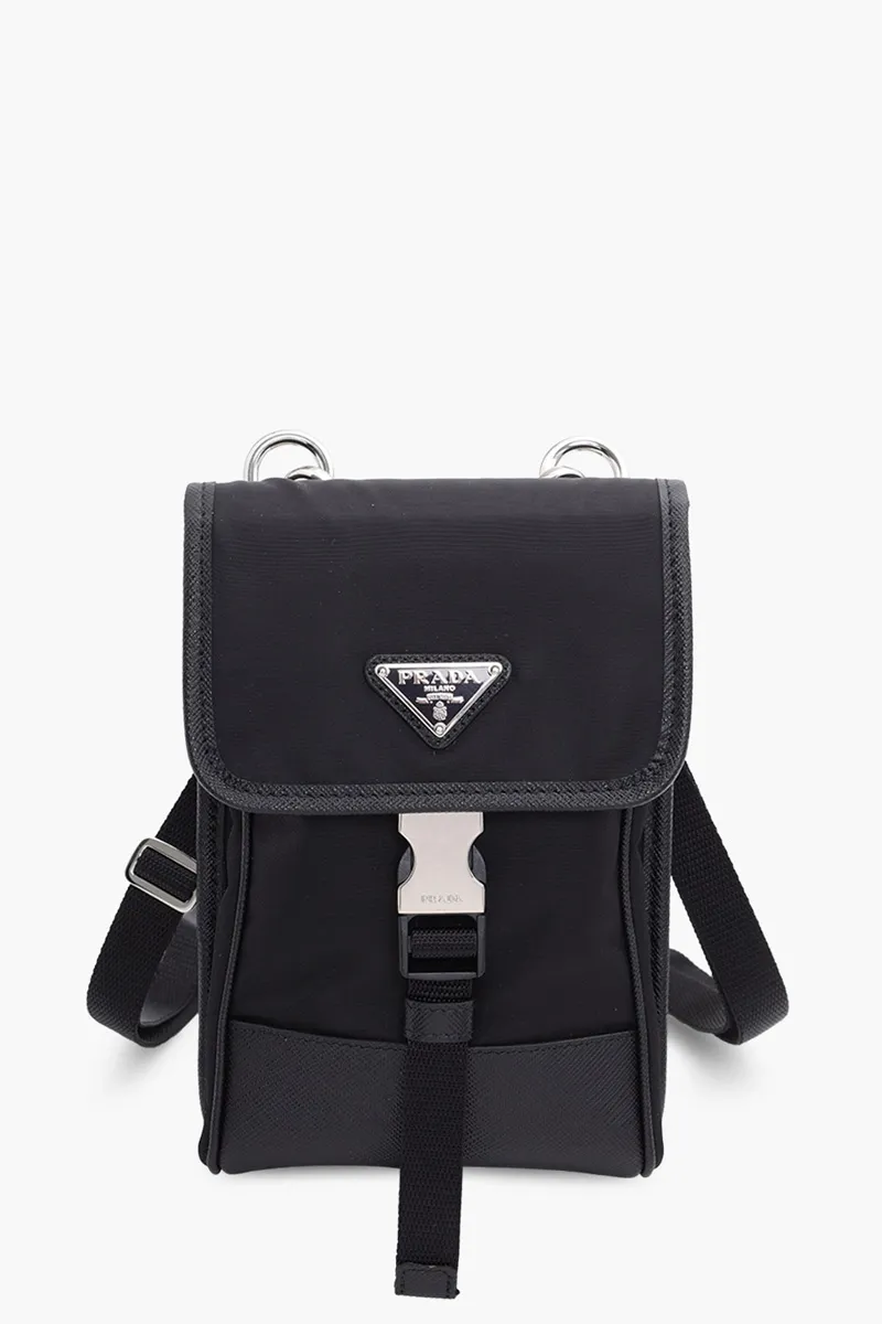 PRADA Triangle Logo Smartphone Case in Black Re-Nylon x Saffiano Leather with Transparant Card Slot 0