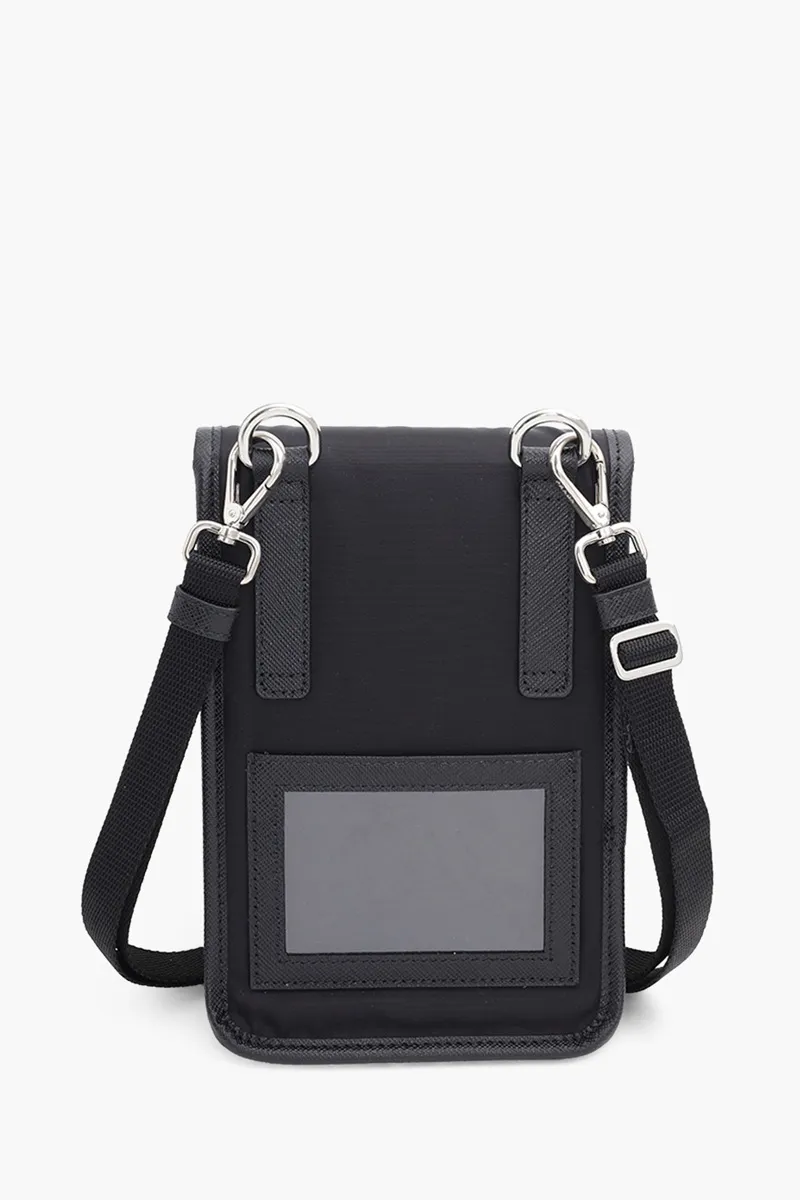 PRADA Triangle Logo Smartphone Case in Black Re-Nylon x Saffiano Leather with Transparant Card Slot 1
