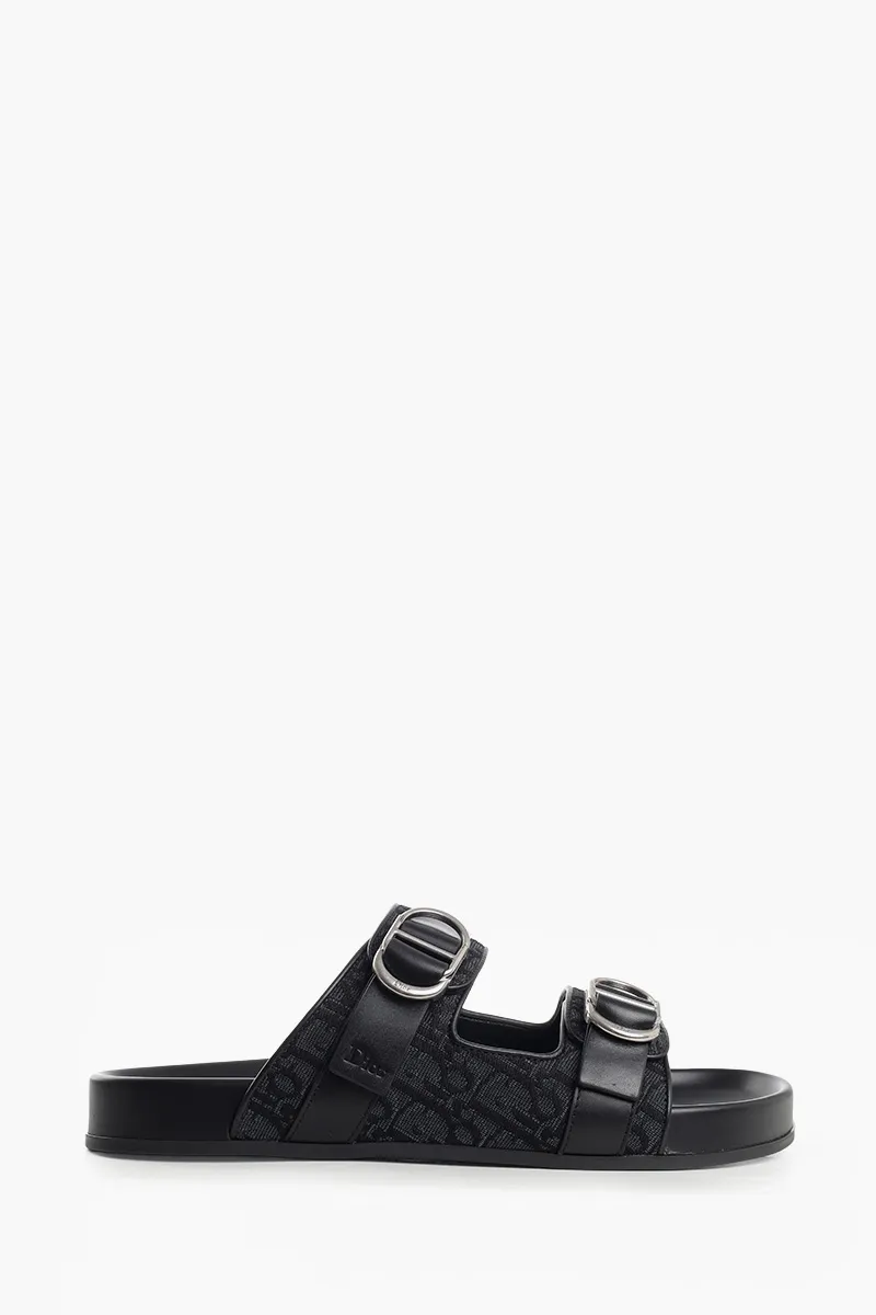 CHRISTIAN DIOR Oblique Jacquard Aqua Sandals in Black Cotton Calfskin Technical Fabric 0