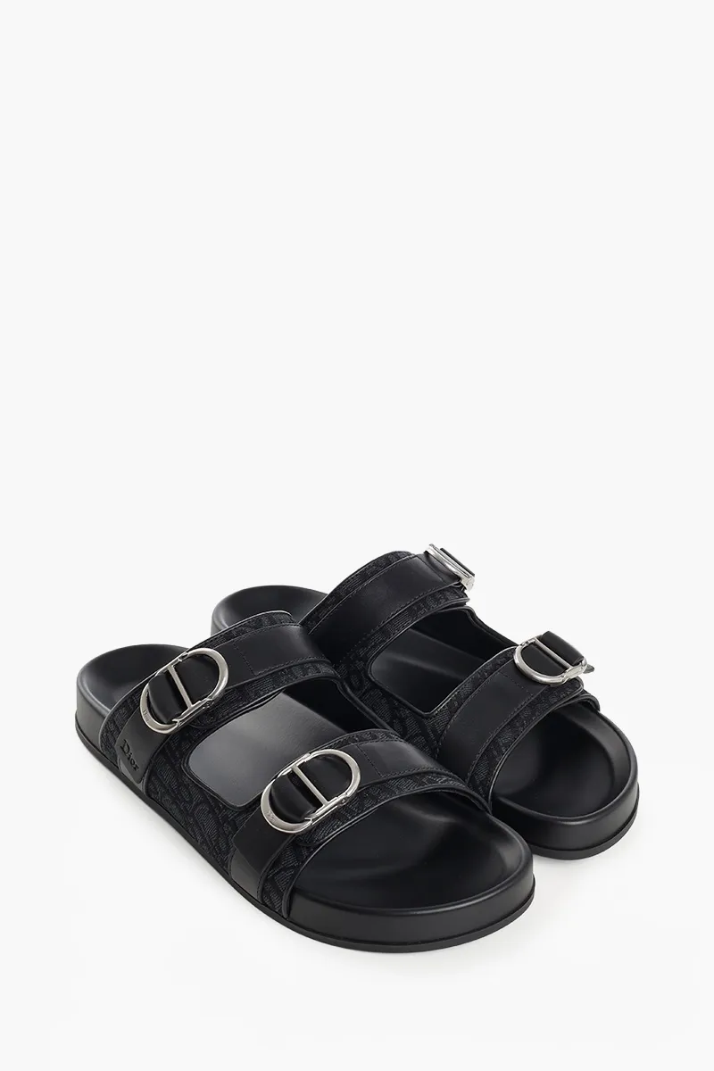 CHRISTIAN DIOR Oblique Jacquard Aqua Sandals in Black Cotton Calfskin Technical Fabric 2