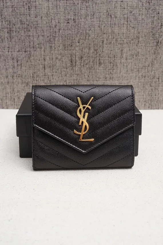 SAINT LAURENT Compact Tri-fold Wallet in Black Caviar Leather GHW 0
