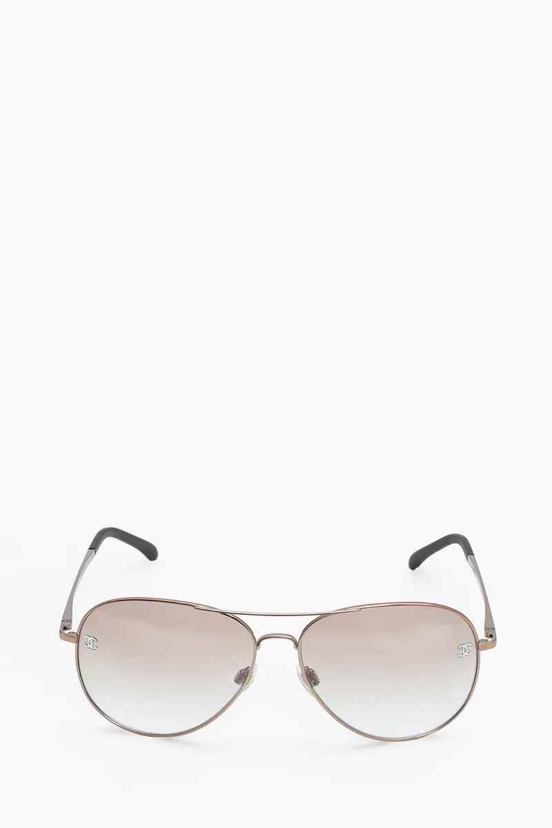 CHANEL Pilot Logo Sunglasses in Clear/Light Brown/Gradient Titanium/Calfskin 0