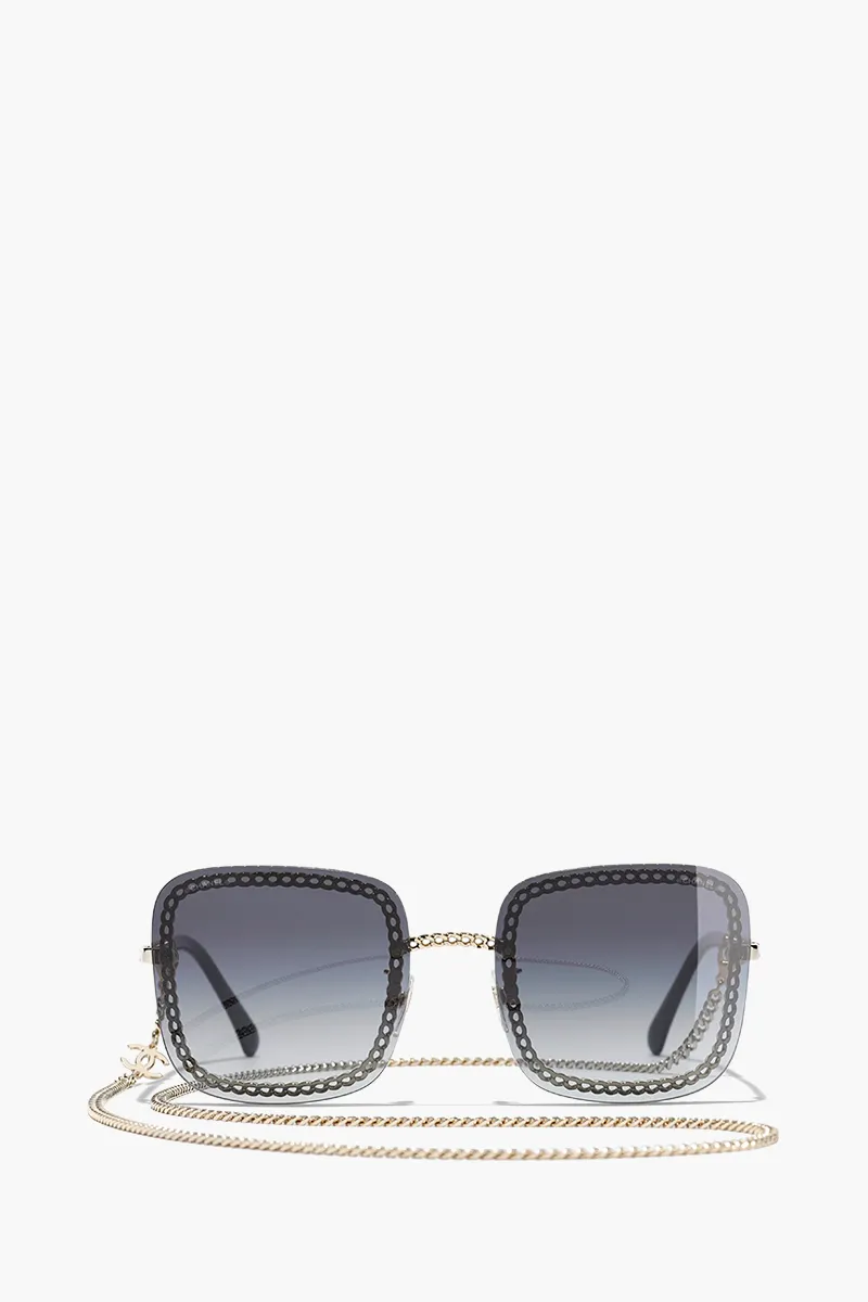 CHANEL Chain Square Sunglasses in Gold/Grey/Gradient Metal with Eyeglasses Chain 0