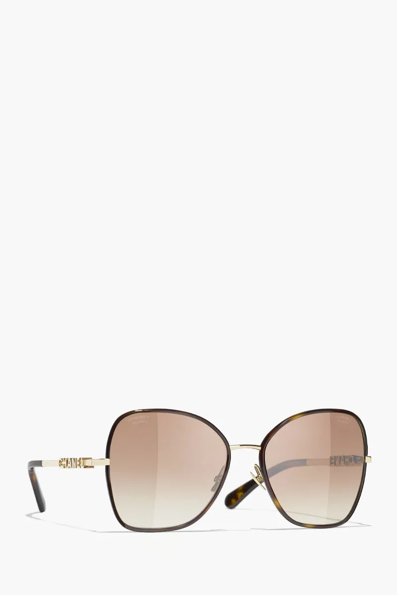 CHANEL Butterfly Sunglasses in Gold/Brown/Gradient Steel with Chanel Logo 2