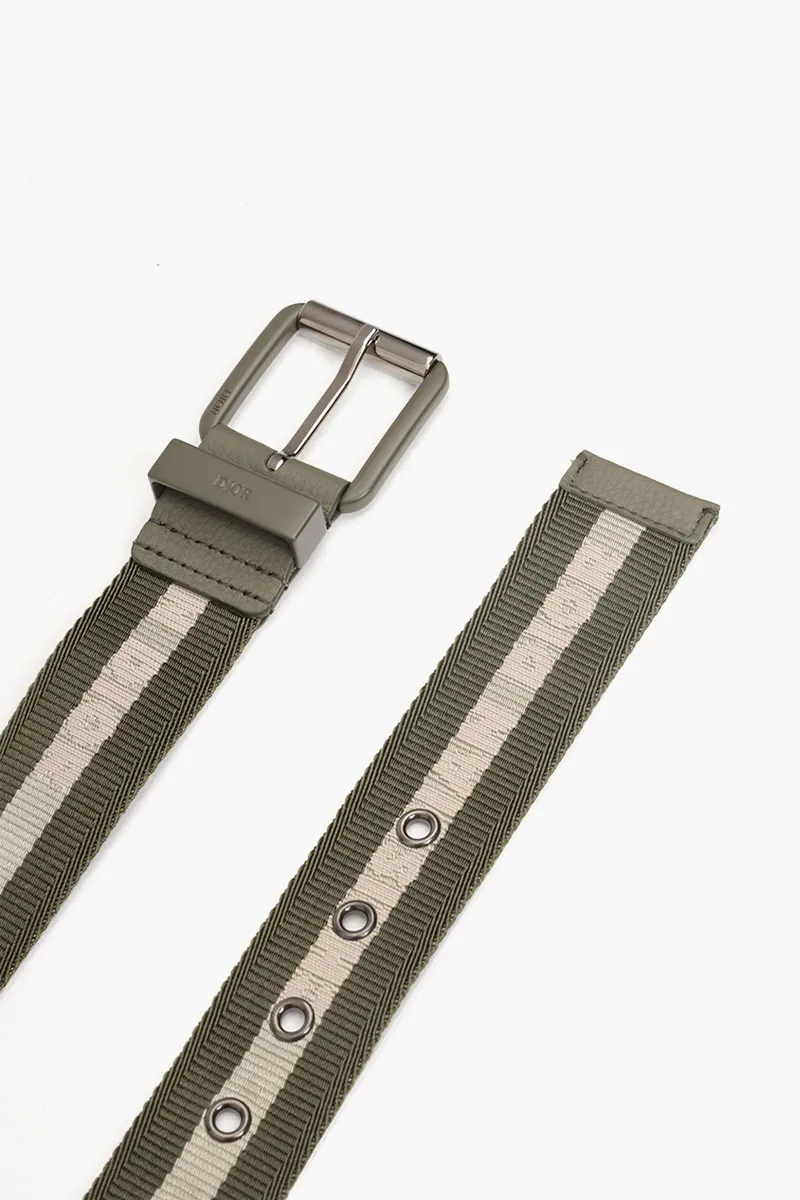 CHRISTIAN DIOR Square Buckle Belt 35mm in Olive/Beige Nylon Jacquard with Matte Olive Buckle 3
